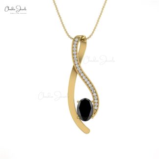 Oval Black Diamond Curved Pendant with 14k Solid Gold Pave Diamond Fine Jewelry