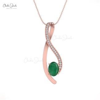 Overlay Diamond Pendant With 0.41 Ct Zambian Emerald Prong Set In 14k Real Gold Necklace