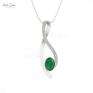 Overlay Diamond Pendant With 0.41 Ct Zambian Emerald Prong Set In 14k Real Gold Necklace