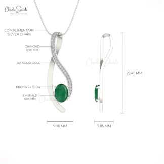 Overlay Diamond Pendant With 0.41 Ct Zambian Emerald Prong Set In 14k Real Gold Necklace