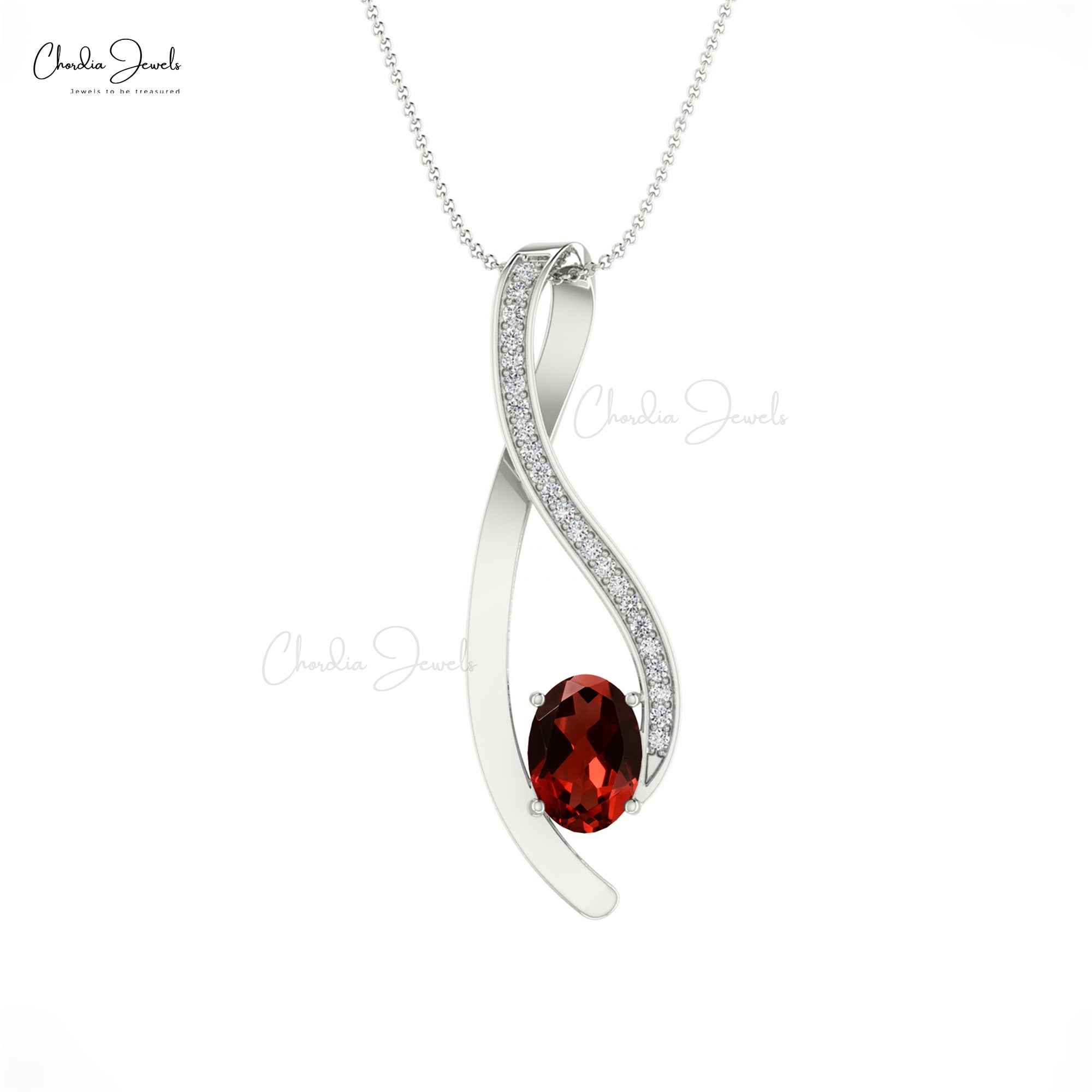 Garnet Curve Pendant in 14K Gold with Round Diamond
