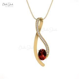 Garnet Curve Pendant in 14K Gold with Round Diamond