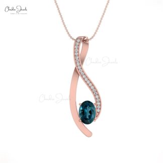 Real 14k Gold Overlay Pendant In 6x4mm London Blue Topaz And G-H Diamond Necklace For Her
