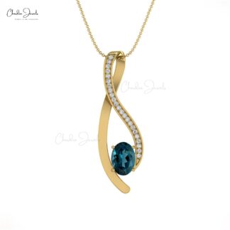 Real 14k Gold Overlay Pendant In 6x4mm London Blue Topaz And G-H Diamond Necklace For Her