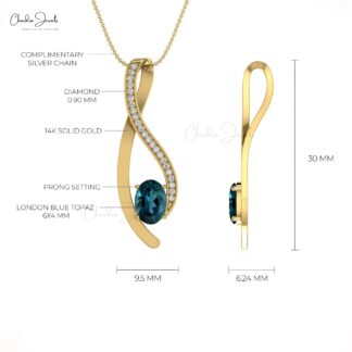 Real 14k Gold Overlay Pendant In 6x4mm London Blue Topaz And G-H Diamond Necklace For Her