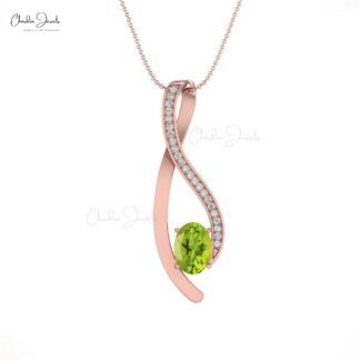 Real 14k Gold Curv Pendant With 6x4mm Peridot Gemstone And Diamond Overlay Necklace