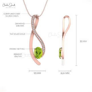 Real 14k Gold Curv Pendant With 6x4mm Peridot Gemstone And Diamond Overlay Necklace