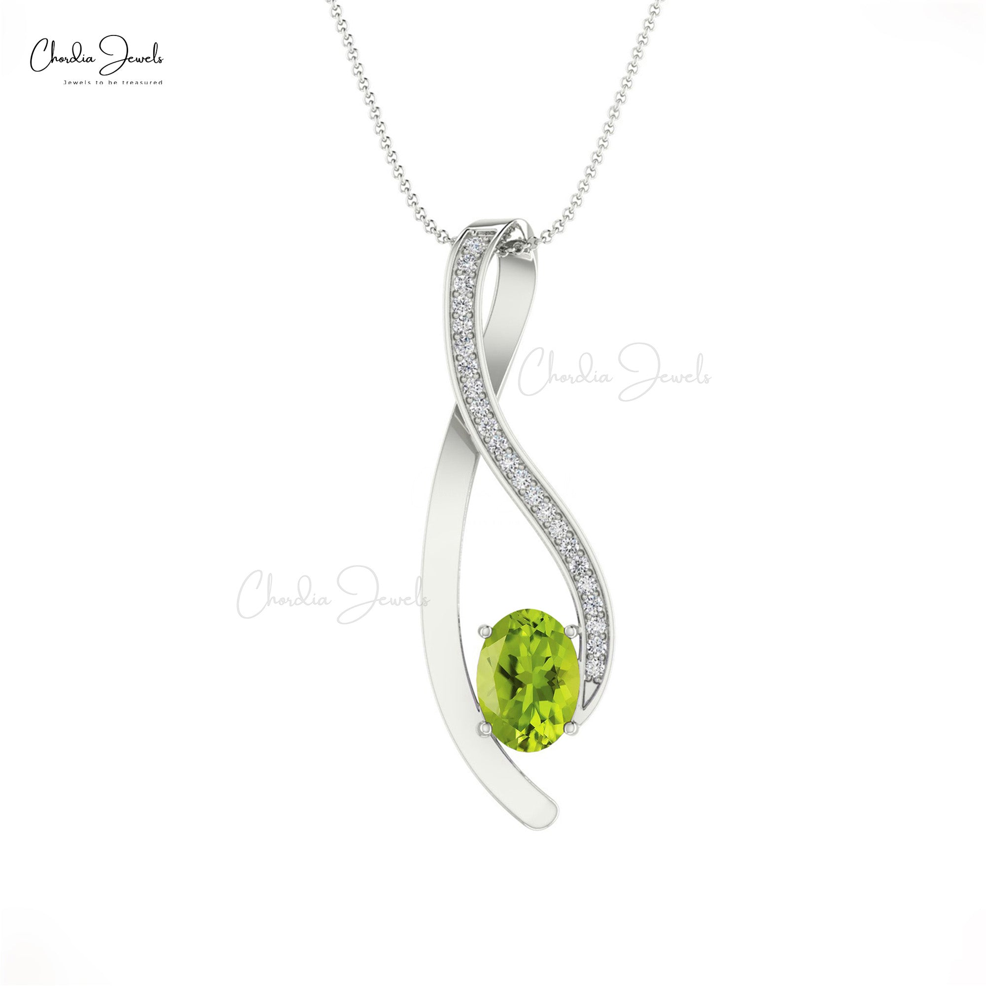 Real 14k Gold Curv Pendant With 6x4mm Peridot Gemstone And Diamond Overlay Necklace