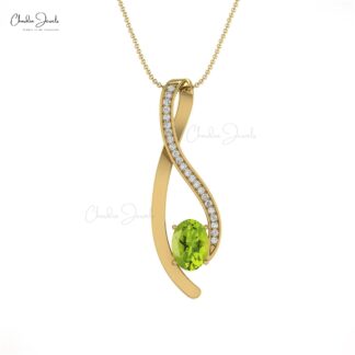 Real 14k Gold Curv Pendant With 6x4mm Peridot Gemstone And Diamond Overlay Necklace