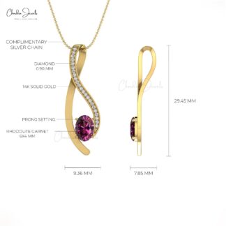 G-H Diamond 14K Gold Curve Pendant with Natural Rhodolite Garnet
