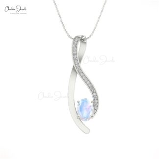 Curved Women Charm In 14k Solid Gold Moonstone 0.90 Ct Gemstone And Diamond Pendant
