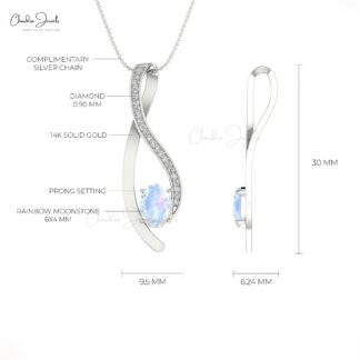 Curved Women Charm In 14k Solid Gold Moonstone 0.90 Ct Gemstone And Diamond Pendant