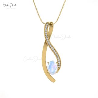 Curved Women Charm In 14k Solid Gold Moonstone 0.90 Ct Gemstone And Diamond Pendant