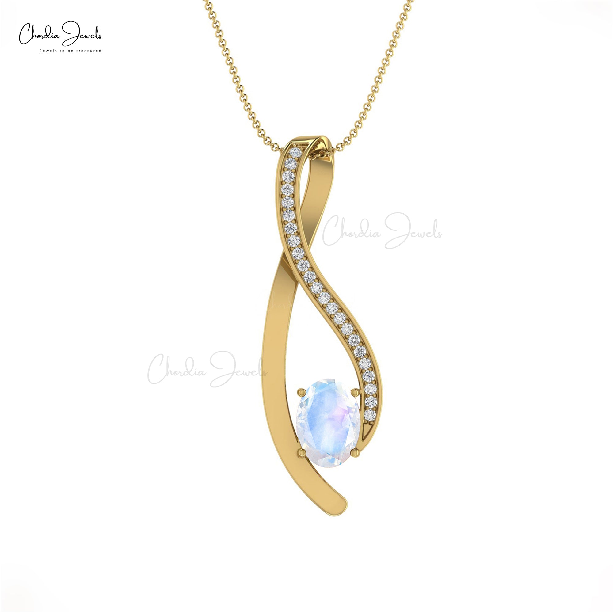 Curved Women Charm In 14k Solid Gold Moonstone 0.90 Ct Gemstone And Diamond Pendant