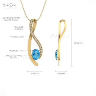 White Diamond & Oval Cut Swiss Blue Topaz Curve Pendant in 14K Gold
