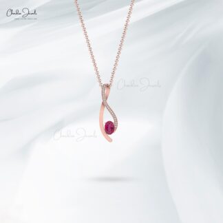 High Class 14K Gold Pink Tourmaline & White Diamond Curve Pendant