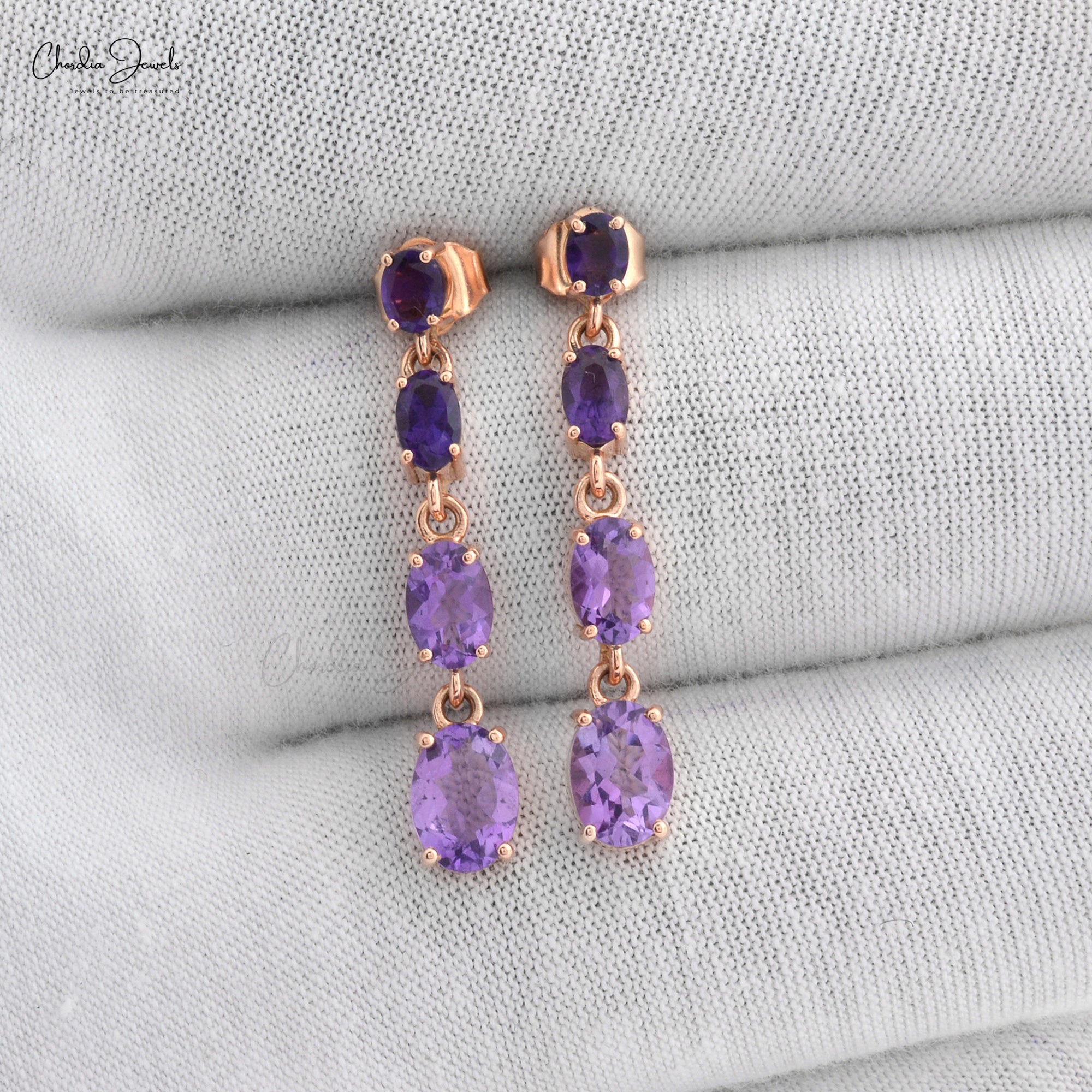 Natural Amethyst 3.40 Ct Dangle Earrings, February Birthstone Long Drop Earrings For Anniversary Gift, 14k Solid Rose Gold Minimalist Jewelry