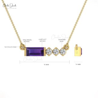 Solid 14k Gold Natural Amethyst & Diamond Matinee Necklace