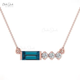 Baguette London Blue Topaz & Diamond In 14k Solid Gold 4 Stone Necklace