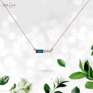 Baguette London Blue Topaz & Diamond In 14k Solid Gold 4 Stone Necklace
