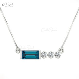 Baguette London Blue Topaz & Diamond In 14k Solid Gold 4 Stone Necklace