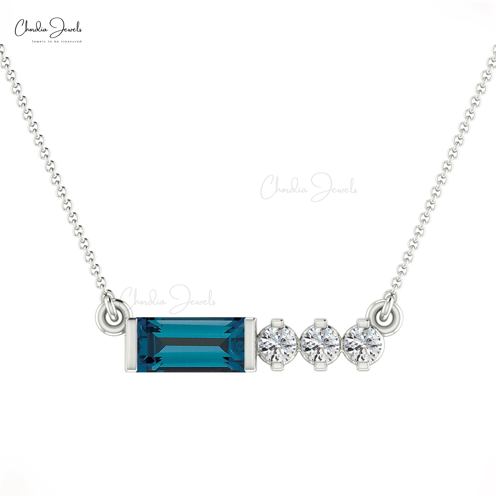 Baguette London Blue Topaz & Diamond In 14k Solid Gold 4 Stone Necklace