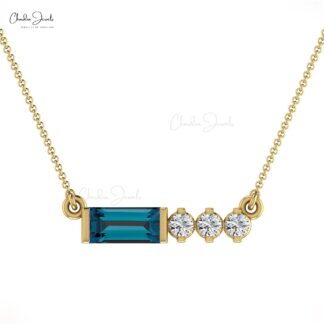 Baguette London Blue Topaz & Diamond In 14k Solid Gold 4 Stone Necklace