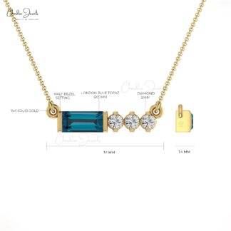 Baguette London Blue Topaz & Diamond In 14k Solid Gold 4 Stone Necklace