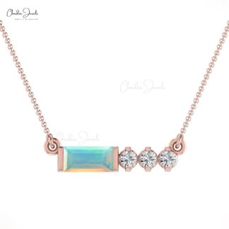 Four Stone Matinee Women Necklace With 6x3mm Opal And Diamond 14k Solid Gold Jewelry
