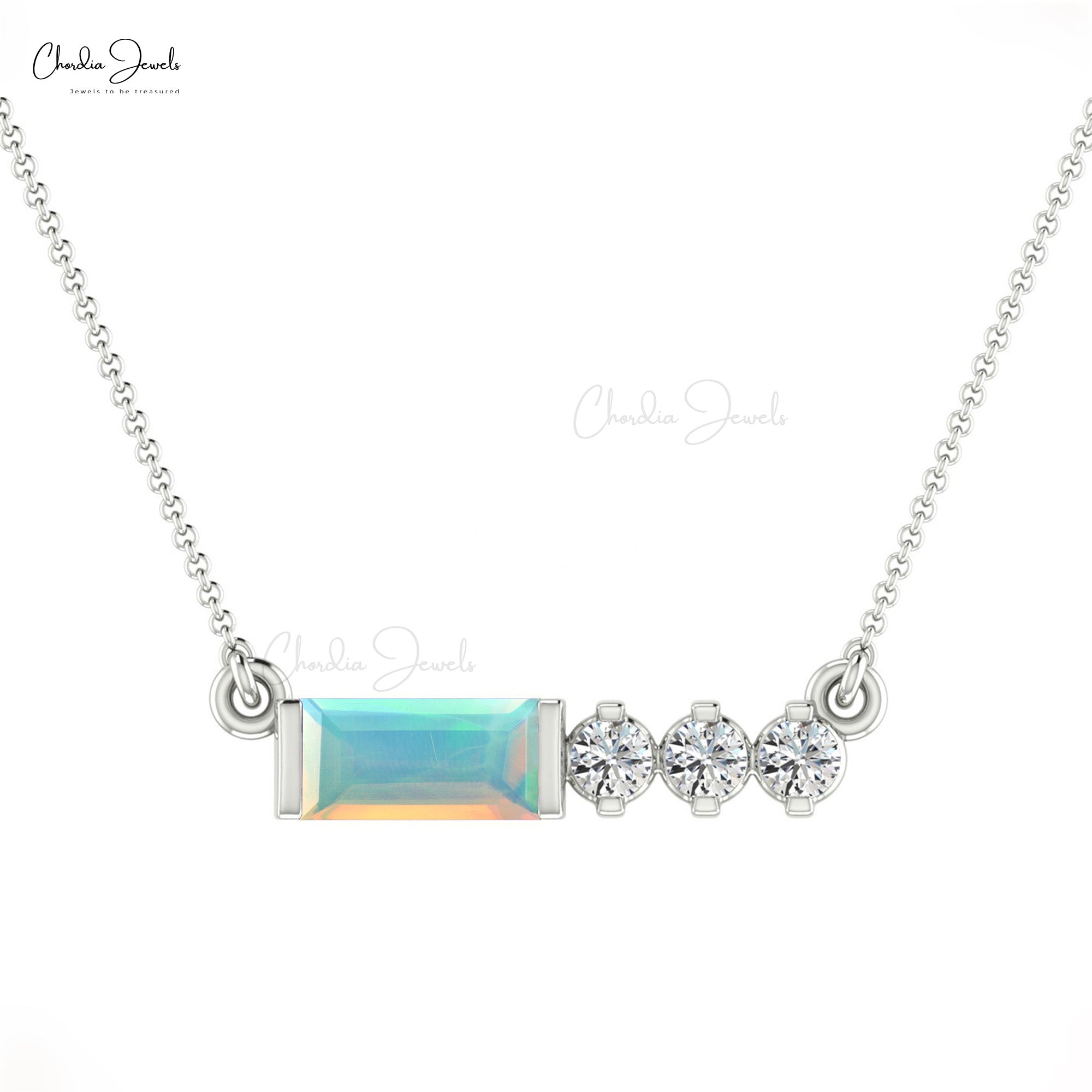 Four Stone Matinee Women Necklace With 6x3mm Opal And Diamond 14k Solid Gold Jewelry
