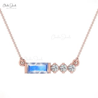 14k Solid Gold Bezel Set Natural 0.30Ct Rainbow Moonstone & Diamond Chain Necklace