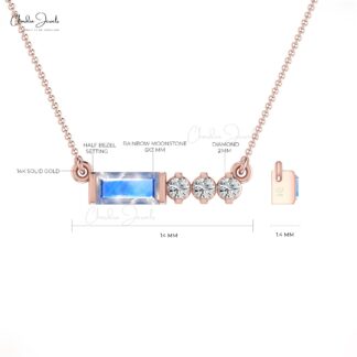 14k Solid Gold Bezel Set Natural 0.30Ct Rainbow Moonstone & Diamond Chain Necklace