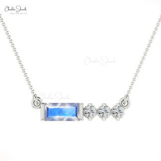 14k Solid Gold Bezel Set Natural 0.30Ct Rainbow Moonstone & Diamond Chain Necklace