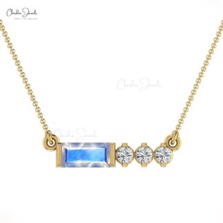14k Solid Gold Bezel Set Natural 0.30Ct Rainbow Moonstone & Diamond Chain Necklace