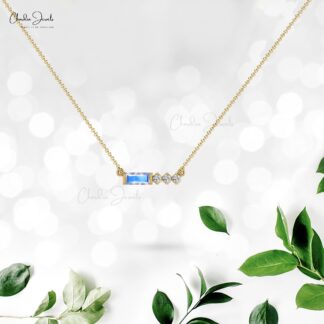 14k Solid Gold Bezel Set Natural 0.30Ct Rainbow Moonstone & Diamond Chain Necklace