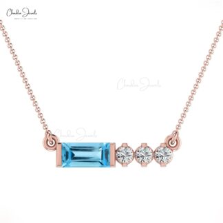 Baguette Matinee Necklace With 6x3mm Swiss Blue Topaz & Diamond 14k Solid Gold Jewelry
