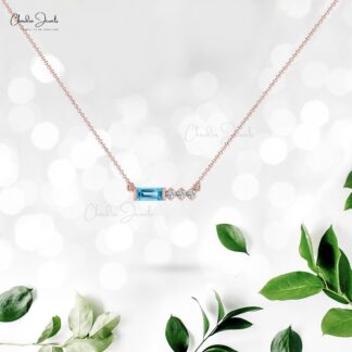 Baguette Matinee Necklace With 6x3mm Swiss Blue Topaz & Diamond 14k Solid Gold Jewelry