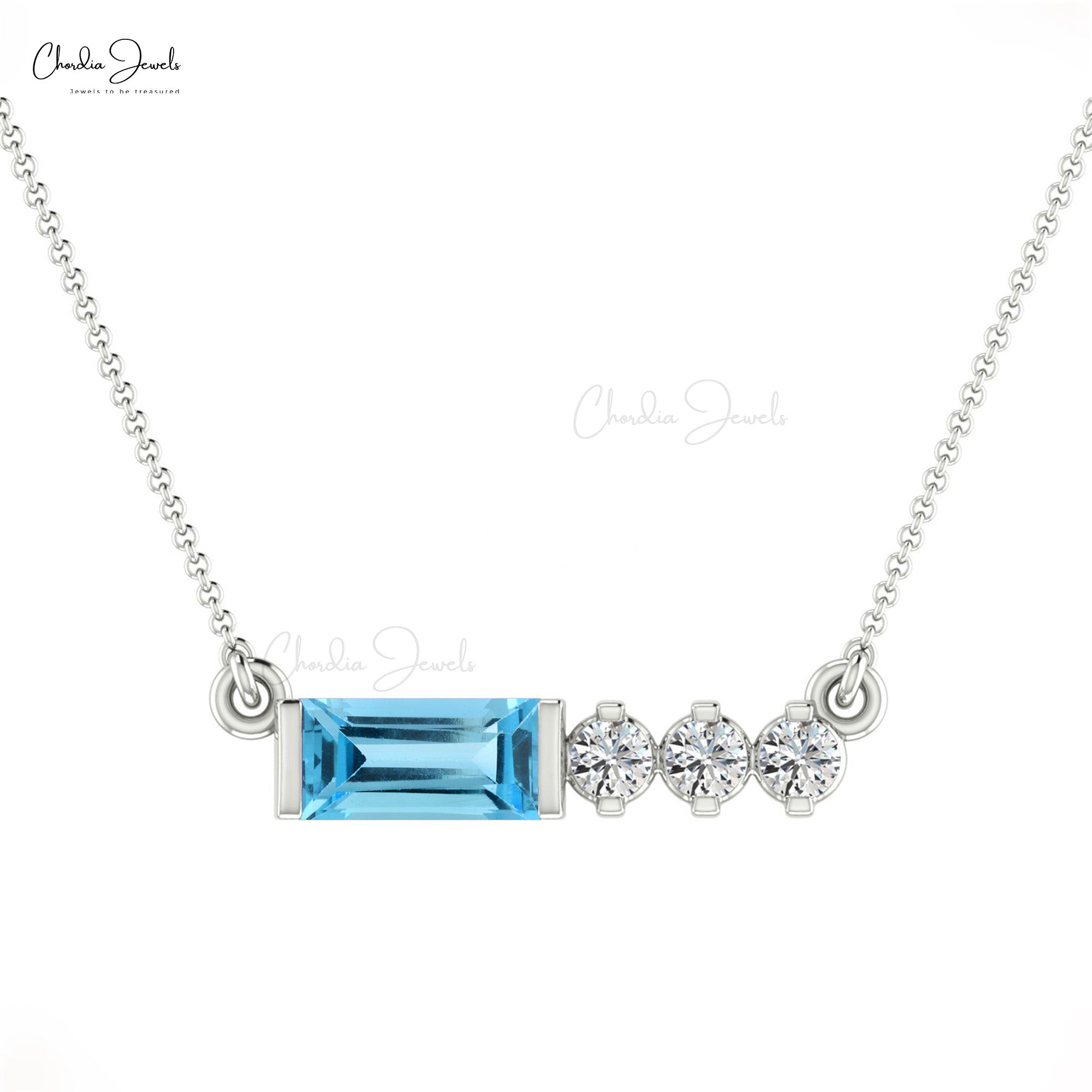 Baguette Matinee Necklace With 6x3mm Swiss Blue Topaz & Diamond 14k Solid Gold Jewelry