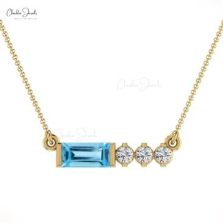 Baguette Matinee Necklace With 6x3mm Swiss Blue Topaz & Diamond 14k Solid Gold Jewelry