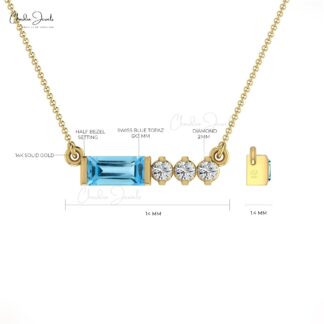 Baguette Matinee Necklace With 6x3mm Swiss Blue Topaz & Diamond 14k Solid Gold Jewelry