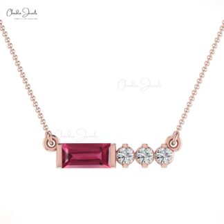 Baguette Pink Tourmaline Necklace In Real 14k Gold And Diamond Minimal Jewelry For Her