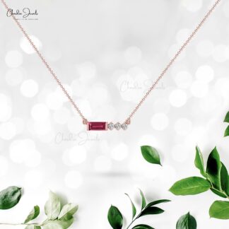 Baguette Pink Tourmaline Necklace In Real 14k Gold And Diamond Minimal Jewelry For Her