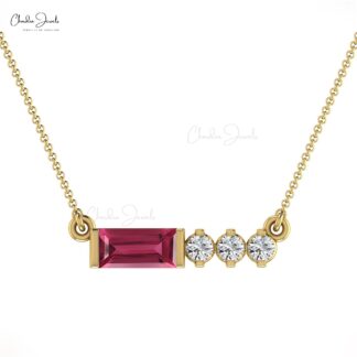Baguette Pink Tourmaline Necklace In Real 14k Gold And Diamond Minimal Jewelry For Her