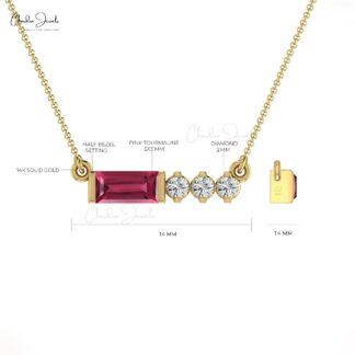 Baguette Pink Tourmaline Necklace In Real 14k Gold And Diamond Minimal Jewelry For Her