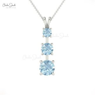 Authentic Brazilian Aquamarine Three Stone Pendant Necklace in 14k Solid Gold