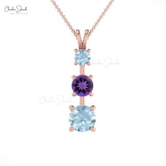 Three Gemstone Pendant With 0.22 Ct Amethyst & Aquamarine Pendants In 14k Real Gold