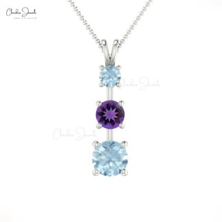 Three Gemstone Pendant With 0.22 Ct Amethyst & Aquamarine Pendants In 14k Real Gold