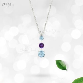 Three Gemstone Pendant With 0.22 Ct Amethyst & Aquamarine Pendants In 14k Real Gold