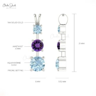 Three Gemstone Pendant With 0.22 Ct Amethyst & Aquamarine Pendants In 14k Real Gold