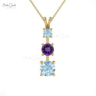 Three Gemstone Pendant With 0.22 Ct Amethyst & Aquamarine Pendants In 14k Real Gold